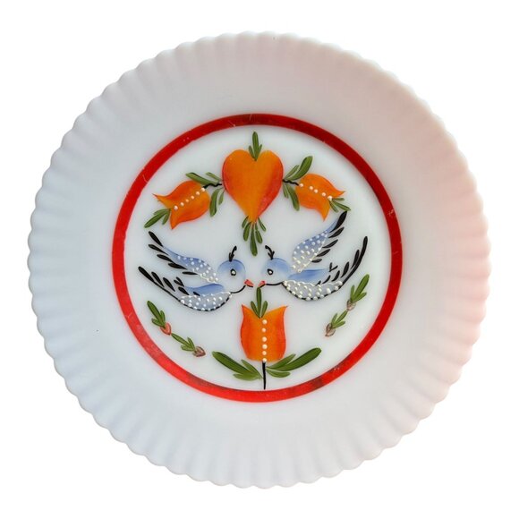 MacBeth Evans Monax Vtg Blue Bird Petalware 8 in Salad Plate Hand Painted Glass - Picture 1 of 8